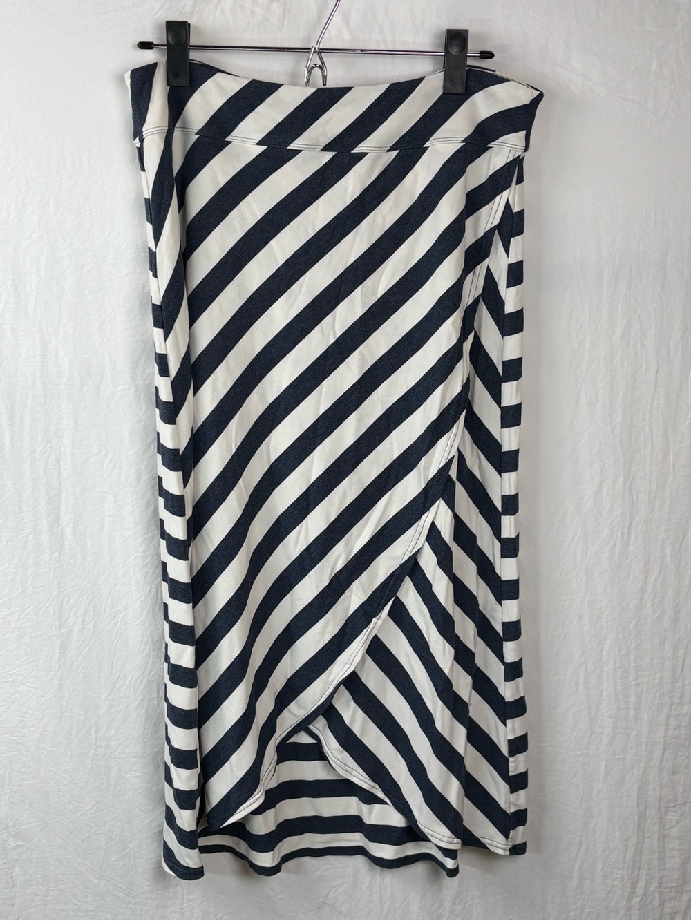 Athleta Navy and White Diagonal Stripe High-Low Wrap Skirt